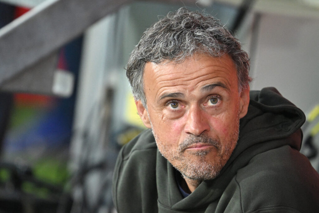 Paris Saint-Germain's Spanish headcoach Luis Enrique looks on during the French L1 football match between OGC Nice and Paris Saint-Germain (PSG) at the Allianz Riviera Stadium in Nice, south-eastern France, on May 15, 2024.