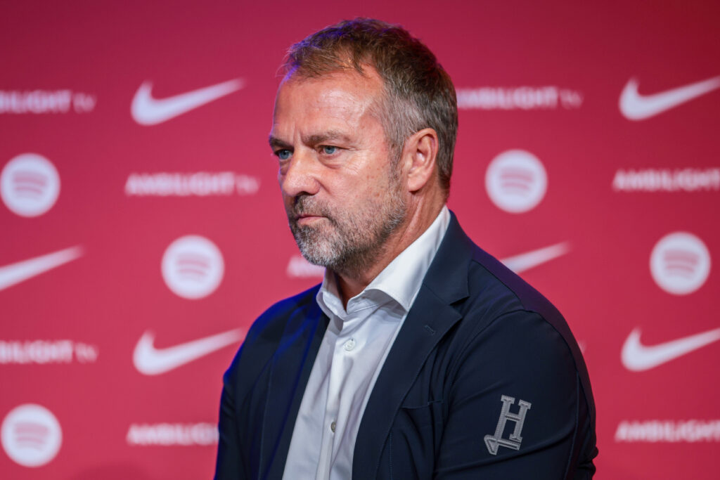 BARCELONA, SPAIN - JULY 25: Hansi Flick faces the media as he is unveiled as new FC Barcelona Coach at Spotify Camp Nou on July 25, 2024 in Barcelona, Spain.