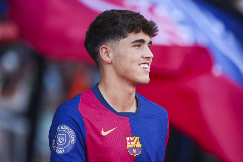 BARCELONA, SPAIN - AUGUST 12: Pau Cubarsi of FC Barcelona looks on prior to the Joan Gamper Trophy match between FC Barcelona and AS Monaco at Estadi Olimpic Lluis Companys on August 12, 2024 in Barcelona, Spain.