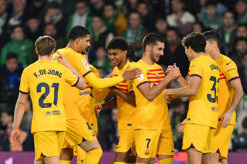 SEVILLE, SPAIN - JANUARY 21: Ferran Torres of FC Barcelona celebrates scoring his team's second goal with teammates during the LaLiga EA Sports match between Real Betis and FC Barcelona at Estadio Benito Villamarin on January 21, 2024 in Seville, Spain.