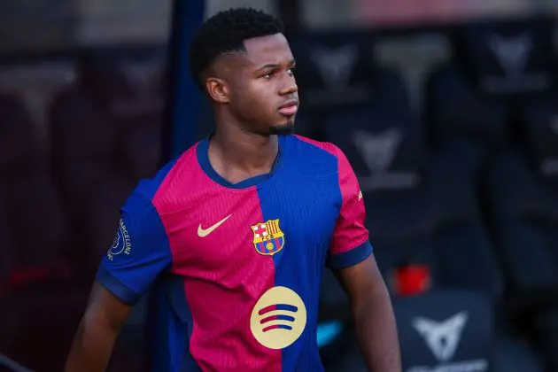 BARCELONA, SPAIN - AUGUST 12: Ansu Fati of FC Barcelona looks on prior to the Joan Gamper Trophy match between FC Barcelona and AS Monaco at Estadi Olimpic Lluis Companys on August 12, 2024 in Barcelona, Spain.