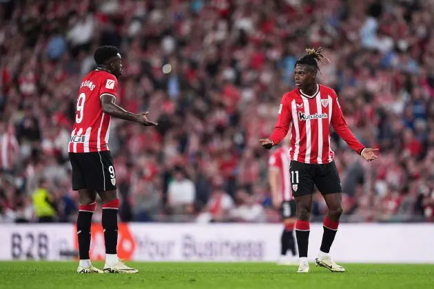 BILBAO, SPAIN - MARCH 16: Nico Williams of Athletic Club interacts with teammate Inaki Williams during the LaLiga EA Sports match between Athletic Bilbao and Deportivo Alaves at Estadio de San Mames on March 16, 2024 in Bilbao, Spain.