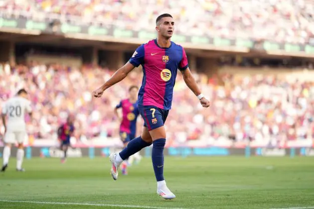 BARCELONA, SPAIN - AUGUST 31: Ferran Torres of FC Barcelona celebrates scoring his team's seventh goal during the La Liga match between FC Barcelona and Real Valladolid CF at Camp Nou on August 31, 2024 in Barcelona, Spain.