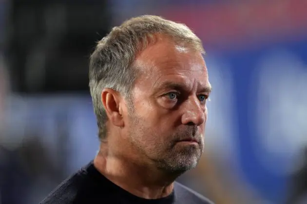 PAMPLONA, SPAIN - SEPTEMBER 28: Hansi Flick, Head Coach of FC Barcelona, looks on prior to the LaLiga match between CA Osasuna and FC Barcelona at Estadio El Sadar on September 28, 2024 in Pamplona, Spain.