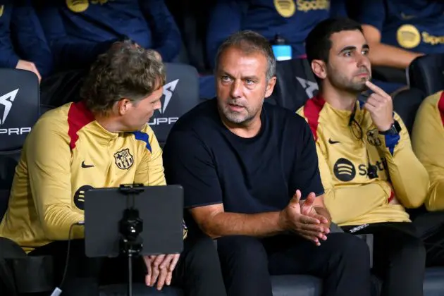 BARCELONA, SPAIN - SEPTEMBER 25: Hansi Flick, Head Coach of FC Barcelona, looks on during the La Liga EA Sports match between FC Barcelona and Getafe CF at Camp Nou on September 25, 2024 in Barcelona, Spain.