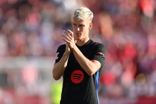 GIRONA, SPAIN - SEPTEMBER 15: Dani Olmo of FC Barcelona celebrates victory in the LaLiga match between Girona FC and FC Barcelona at Montilivi Stadium on September 15, 2024 in Girona, Spain.