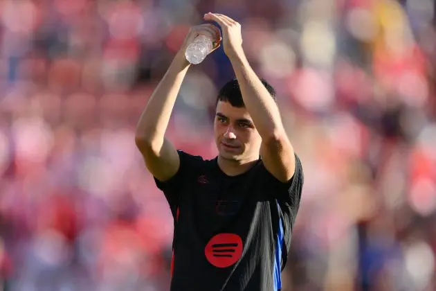 GIRONA, SPAIN - SEPTEMBER 15: Pedri of FC Barcelona celebrates victory in the LaLiga match between Girona FC and FC Barcelona at Montilivi Stadium on September 15, 2024 in Girona, Spain.