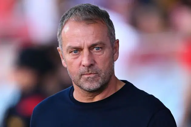 GIRONA, SPAIN - SEPTEMBER 15: Hansi Flick, Head Coach of FC Barcelona, looks on during the LaLiga match between Girona FC and FC Barcelona at Montilivi Stadium on September 15, 2024 in Girona, Spain.