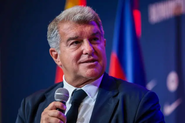 BARCELONA, SPAIN - JULY 25: FC Barcelona President Joan Laporta faces the media during the unveiled of Hansi Flick as new FC Barcelona Coach at Spotify Camp Nou on July 25, 2024 in Barcelona, Spain.