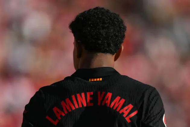 GIRONA, SPAIN - SEPTEMBER 15: Lamine Yamal of Barcelona FC looks on during the LaLiga match between Girona FC and FC Barcelona at Montilivi Stadium on September 15, 2024 in Girona, Spain.