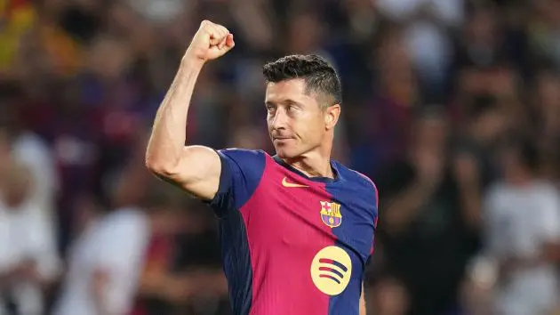 BARCELONA, SPAIN - AUGUST 24: Robert Lewandowski of FC Barcelona celebrates scoring his team's second goal during the La Liga match between FC Barcelona and Athletic Club at Camp Nou on August 24, 2024 in Barcelona, Spain.