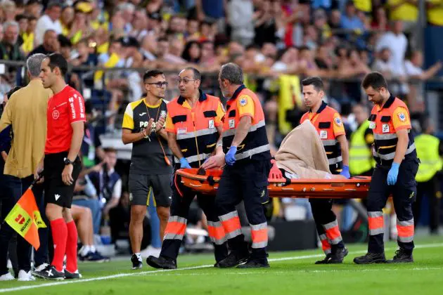 VILLARREAL, SPAIN - SEPTEMBER 22: Marc-Andre ter Stegen of FC Barcelona is stretchered off during the LaLiga match between Villarreal CF and FC Barcelona at Estadio de la Ceramica on September 22, 2024 in Villarreal, Spain.