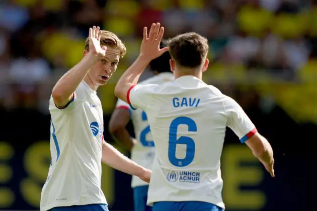 VILLARREAL, SPAIN - AUGUST 27: Frenkie de Jong of FC Barcelona celebrates with Gavi of FC Barcelona after scoring the team's second goal during the LaLiga EA Sports match between Villarreal CF and FC Barcelona at Estadio de la Ceramica on August 27, 2023 in Villarreal, Spain.