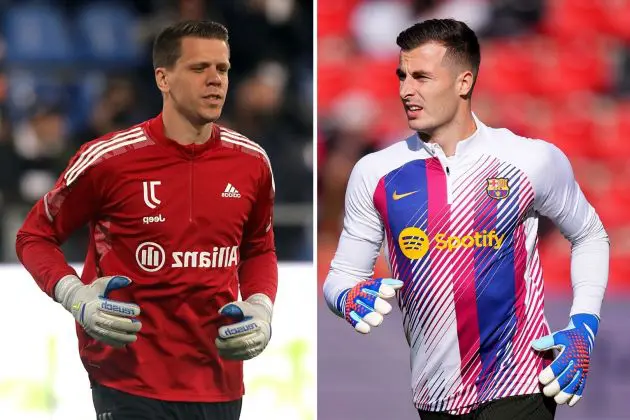 CAGLIARI, ITALY - APRIL 09: Wojciech Szczesny of Juventus warming up before the race during the Serie A match between Cagliari Calcio v Juventus on April 09, 2022 in Cagliari, Italy. | MADRID, SPAIN - NOVEMBER 25: Inaki Pena of FC Barcelona looks on in the warm up prior to the LaLiga EA Sports match between Rayo Vallecano and FC Barcelona at Estadio de Vallecas on November 25, 2023 in Madrid, Spain.