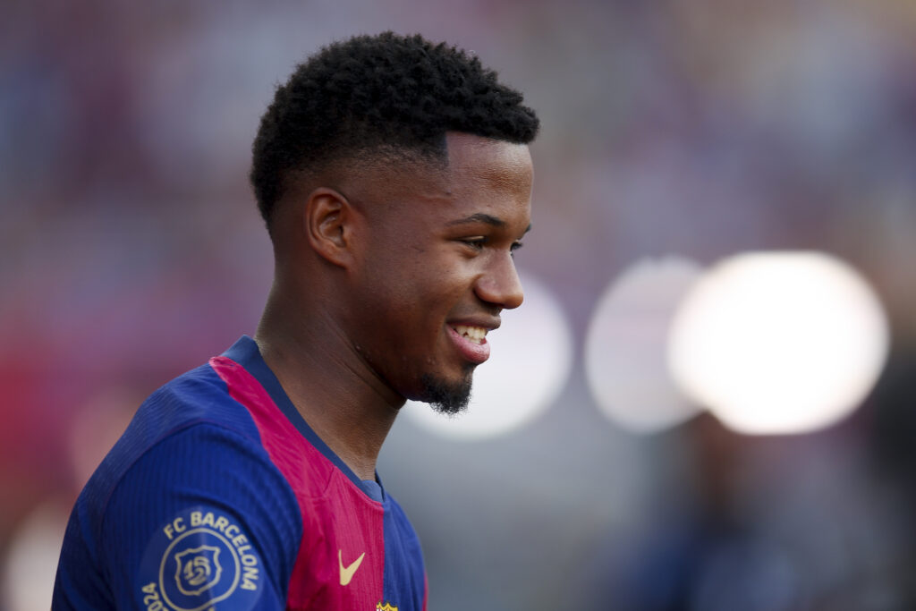 BARCELONA, SPAIN - AUGUST 12: Ansu Fati of FC Barcelona looks on prior to the Joan Gamper Trophy match between FC Barcelona and AS Monaco at Estadi Olimpic Lluis Companys on August 12, 2024 in Barcelona, Spain.