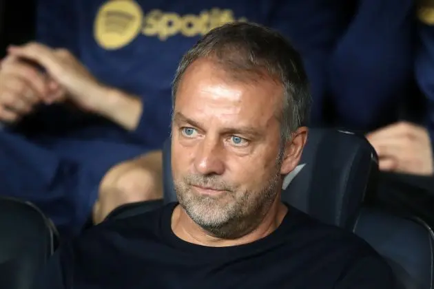 BARCELONA, SPAIN - SEPTEMBER 25: Hansi Flick, Head Coach of FC Barcelona, looks on prior to the La Liga EA Sports match between FC Barcelona and Getafe CF at Camp Nou on September 25, 2024 in Barcelona, Spain.