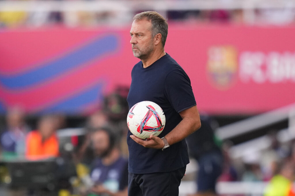 BARCELONA, SPAIN - AUGUST 31: Hansi Flick, Head Coach of FC Barcelona, looks on during the La Liga match between FC Barcelona and Real Valladolid CF at Camp Nou on August 31, 2024 in Barcelona, Spain.