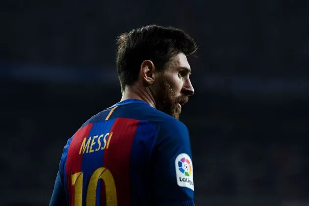 MADRID, SPAIN - APRIL 23: Lionel Messi of FC Barcelona looks on during the La Liga match between Real Madrid CF and FC Barcelona at the Santiago Bernabeu stadium on April 23, 2017 in Madrid, Spain.