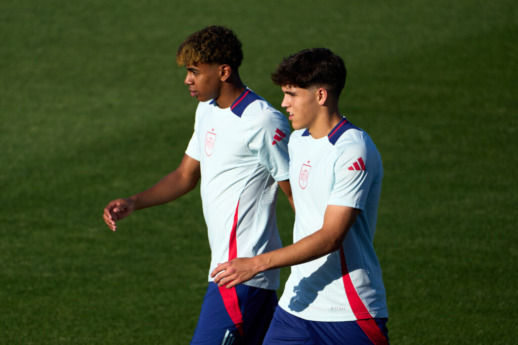 MADRID, SPAIN - JUNE 01: Lamine Yamal and Pau Cubarsi interact during a Spain training session at Ciudad del Futbol de Las Rozas on June 01, 2024 in Madrid, Spain.