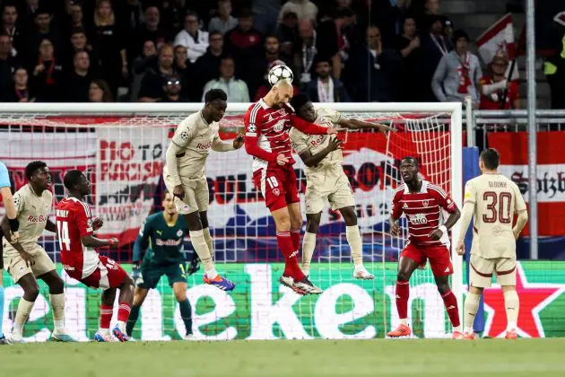 SALZBURG, AUSTRIA - OCTOBER 01: Ludovic Ajorque of Stade Brestois 29 jumps for a header with Karim Konate of FC Salzburg during the UEFA Champions League 2024/25 League Phase MD2 match between FC Salzburg and Stade Brestois 29 at Stadion Salzburg on October 01, 2024 in Salzburg, Austria.