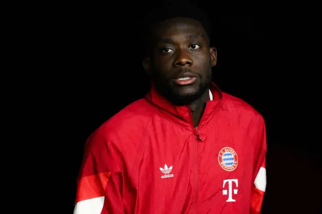 BARCELONA, SPAIN - OCTOBER 23: Alphonso Davies of FC Bayern München looks on prior the UEFA Champions League 2024/25 League Phase MD3 match between FC Barcelona and FC Bayern München at Estadi Olimpic Lluis Companys on October 23, 2024 in Barcelona, Spain.