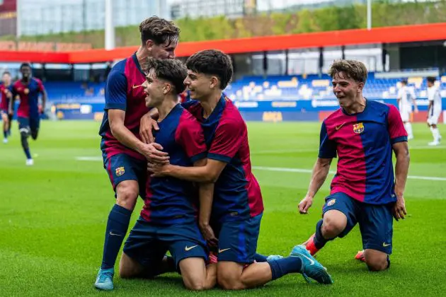 Barcelona forward Arnau Pradas celebrating with his teammates after scoring a goal against Young Boys in Uefa Youth League.