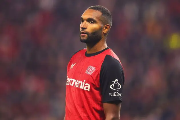 LEVERKUSEN, GERMANY - OCTOBER 01: Jonathan Tah of Bayer Leverkusen looks on during the UEFA Champions League 2024/25 League Phase MD2 match between Bayer 04 Leverkusen and AC Milan at BayArena on October 01, 2024 in Leverkusen, Germany.