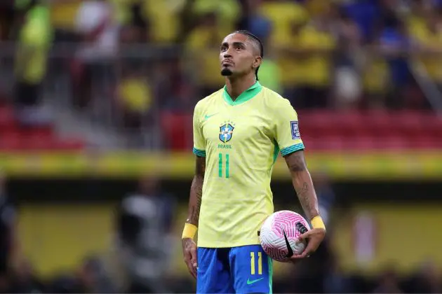 BRASILIA, BRAZIL - OCTOBER 15: Raphinha of Brazil looks on during the FIFA World Cup 2026 South American Qualifier match between Brazil and Peru at Arena BRB Mané Garrincha on October 15, 2024 in Brasilia, Brazil.