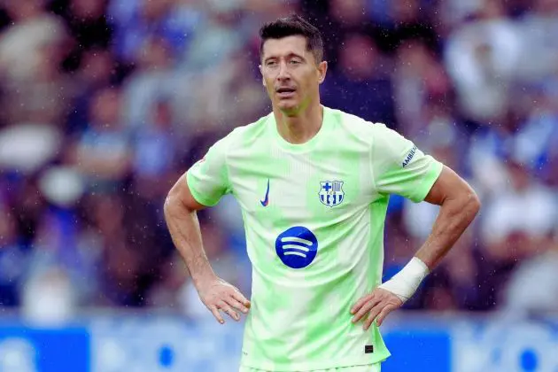 VITORIA-GASTEIZ, SPAIN - OCTOBER 06: Robert Lewandowski of FC Barcelona reacts during the LaLiga match between Deportivo Alaves and FC Barcelona at Estadio de Mendizorroza on October 06, 2024 in Vitoria-Gasteiz, Spain.