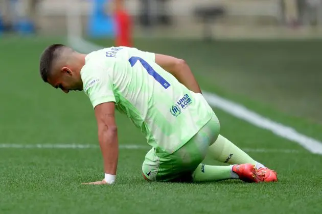 VITORIA-GASTEIZ, SPAIN - OCTOBER 06: Ferran Torres of FC Barcelona reacts on the floor during the LaLiga match between Deportivo Alaves and FC Barcelona at Estadio de Mendizorroza on October 06, 2024 in Vitoria-Gasteiz, Spain.