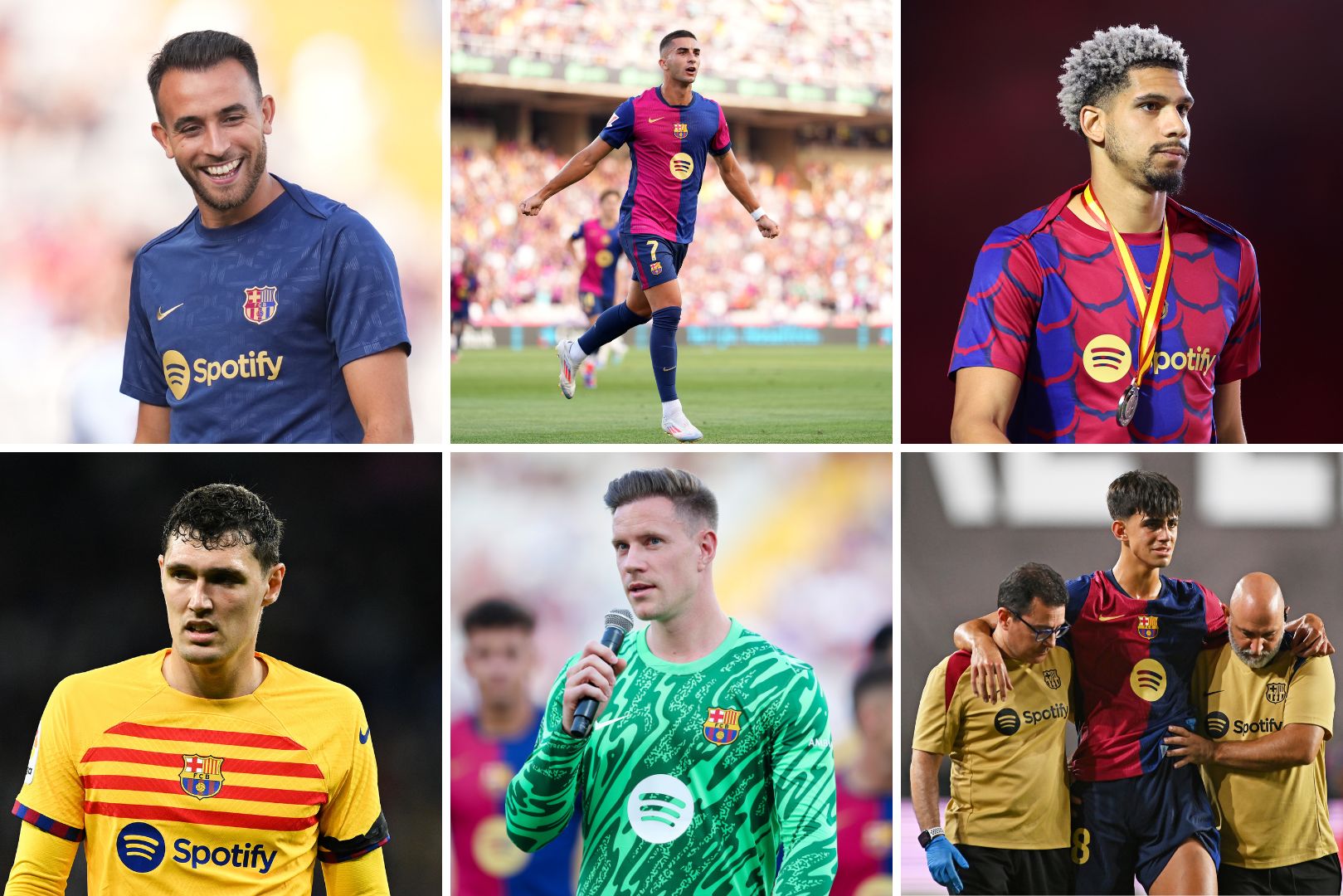 Injured Barcelona players Erci Garcia, Ferran Torres, Ronald Araujo, Andreas Christensen, Marc-André ter Stegen, and Marc Bernal.