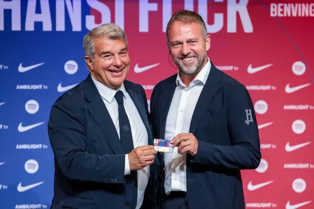 BARCELONA, SPAIN - JULY 25: New FC Barcelona Head Coach Hansi Flick, Joan Laporta, president of FC Barcelona pose for a photo at Spotify Camp Nou on July 25, 2024 in Barcelona, Spain.