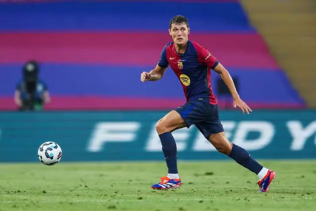 BARCELONA, SPAIN - AUGUST 12: Andreas Christensen of FC Barcelona controls the ball during the Joan Gamper Trophy match between FC Barcelona and AS Monaco at Estadi Olimpic Lluis Companys on August 12, 2024 in Barcelona, Spain.