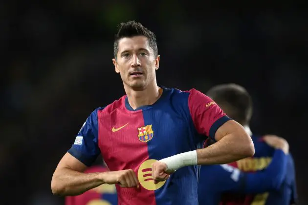 BARCELONA, SPAIN - OCTOBER 01: Robert Lewandowski of FC Barcelona celebrates scoring his team's first goal during the UEFA Champions League 2024/25 League Phase MD2 match between FC Barcelona and BSC Young Boys at Estadi Olimpic Lluis Companys on October 01, 2024 in Barcelona, Spain.