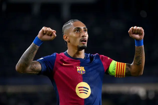 BARCELONA, SPAIN - OCTOBER 01: Raphinha of FC Barcelona celebrates scoring his team's second goal during the UEFA Champions League 2024/25 League Phase MD2 match between FC Barcelona and BSC Young Boys at Estadi Olimpic Lluis Companys on October 01, 2024 in Barcelona, Spain.