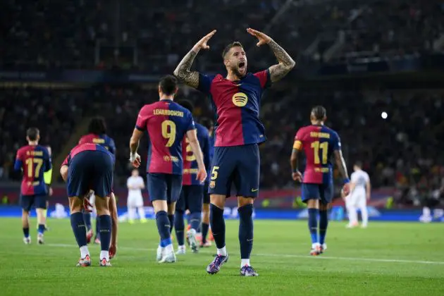 BARCELONA, SPAIN - OCTOBER 01: Inigo Martinez of FC Barcelona celebrates scoring his team's third goal during the UEFA Champions League 2024/25 League Phase MD2 match between FC Barcelona and BSC Young Boys at Estadi Olimpic Lluis Companys on October 01, 2024 in Barcelona, Spain.