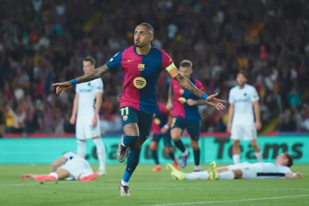 BARCELONA, SPAIN - OCTOBER 01: Raphinha of FC Barcelona celebrates their team's second goal during the UEFA Champions League 2024/25 League Phase MD2 match between FC Barcelona and BSC Young Boys at Estadi Olimpic Lluis Companys on October 01, 2024 in Barcelona, Spain.