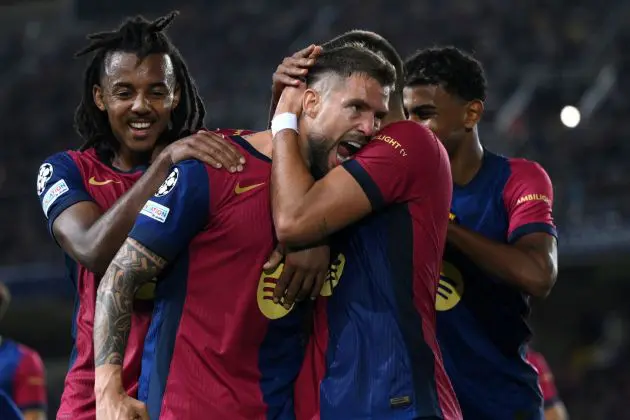 BARCELONA, SPAIN - OCTOBER 01: Inigo Martinez of FC Barcelona celebrates scoring his team's third goal with teammates during the UEFA Champions League 2024/25 League Phase MD2 match between FC Barcelona and BSC Young Boys at Estadi Olimpic Lluis Companys on October 01, 2024 in Barcelona, Spain.