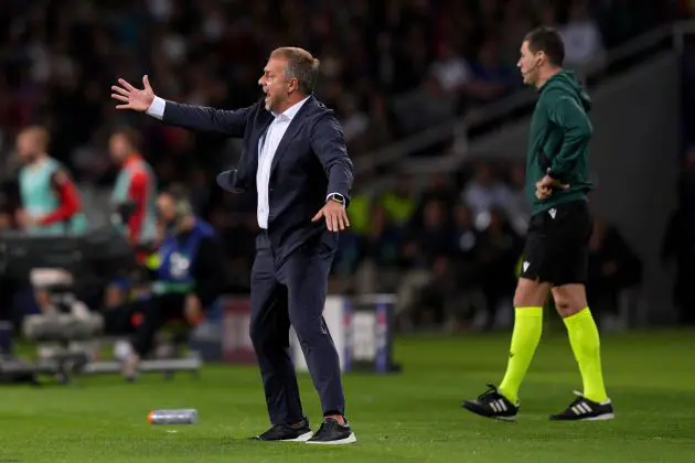 BARCELONA, SPAIN - OCTOBER 23: Hansi Flick, Head Coach of FC Barcelona, reacts during the UEFA Champions League 2024/25 League Phase MD3 match between FC Barcelona and FC Bayern Munchen at Estadi Olimpic Lluis Companys on October 23, 2024 in Barcelona, Spain.