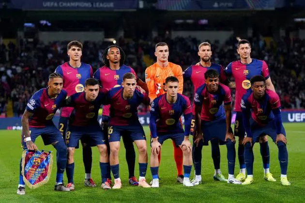 BARCELONA, SPAIN - OCTOBER 23: Players of FC Barcelona pose for a team photograph prior to the UEFA Champions League 2024/25 League Phase MD3 match between FC Barcelona and FC Bayern Munchen at Estadi Olimpic Lluis Companys on October 23, 2024 in Barcelona, Spain.