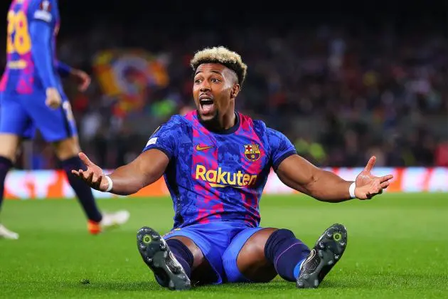 BARCELONA, SPAIN - FEBRUARY 17: Adama Traore of FC Barcelona reacts during the UEFA Europa League Knockout Round Play-Off Leg One match between FC Barcelona and SSC Napoli at Camp Nou on February 17, 2022 in Barcelona, Spain.