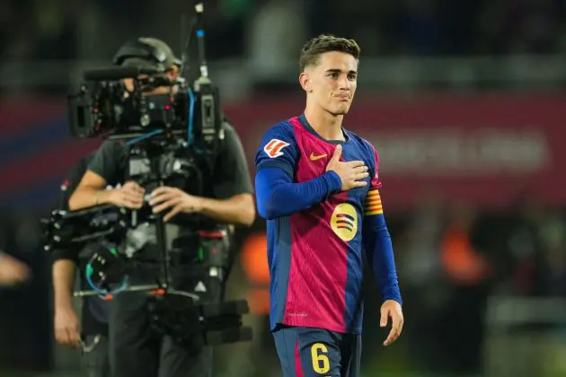 BARCELONA, SPAIN - OCTOBER 20: Gavi of FC Barcelona acknowledges the fans at full-time following the team's victory in the La Liga EA Sports match between FC Barcelona and Sevilla FC at Estadi Olimpic Lluis Companys on October 20, 2024 in Barcelona, Spain.