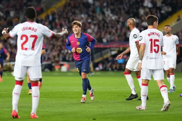 BARCELONA, SPAIN - OCTOBER 20: Pablo Torre of FC Barcelona celebrates scoring his team's fourth goal during the La Liga EA Sports match between FC Barcelona and Sevilla FC at Estadi Olimpic Lluis Companys on October 20, 2024 in Barcelona, Spain.