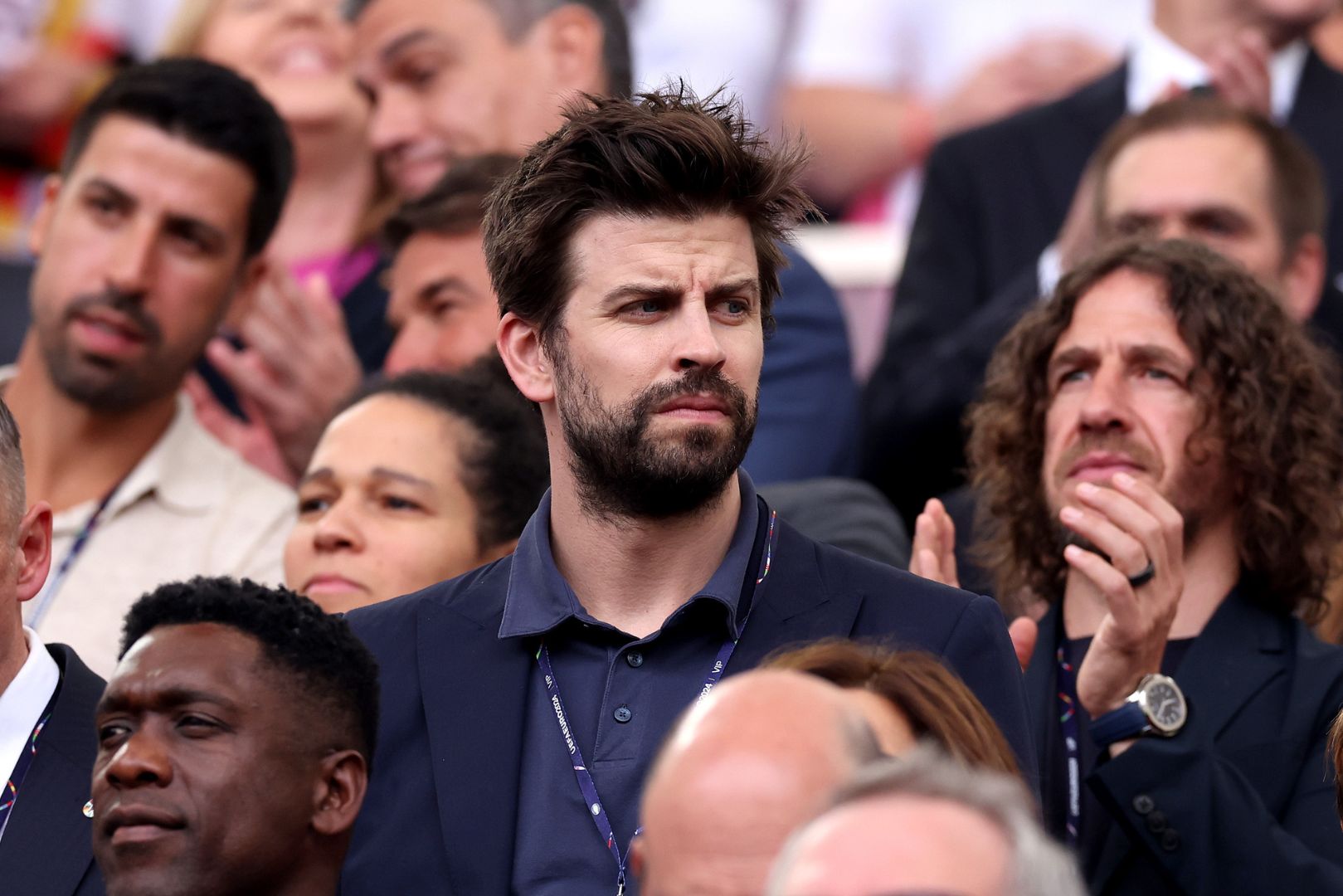 STUTTGART, GERMANY - JULY 05: Gerard Pique and Carles Puyol, Former Barcelona Defenders looks on from the during the UEFA EURO 2024 quarter-final match between Spain and Germany at Stuttgart Arena on July 05, 2024 in Stuttgart, Germany.