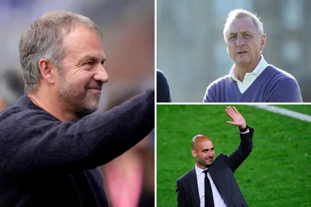 Current Barcelona Head Coach Hansi Flick | Former Barcelona Head Coach Pep Guardiola | Former Barcelona Head Coach Johan Cruyff.