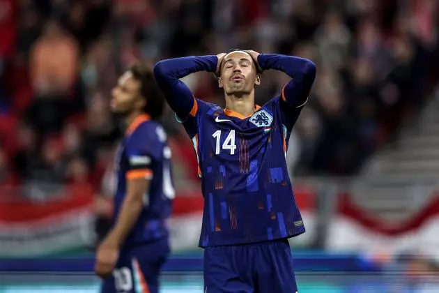 BUDAPEST, HUNGARY - OCTOBER 11: Tijjani Reijnders of Netherlands reacts during the UEFA Nations League 2024/25 League A Group A3 match between Hungary and Netherlands at Puskás Aréna on October 11, 2024 in Budapest, Hungary.