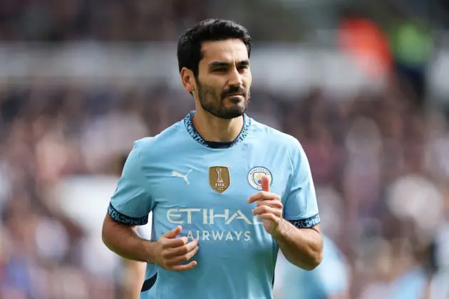 NEWCASTLE UPON TYNE, ENGLAND - SEPTEMBER 28: Ilkay Gundogan of Manchester City looks on during the Premier League match between Newcastle United FC and Manchester City FC at St James' Park on September 28, 2024 in Newcastle upon Tyne, England.