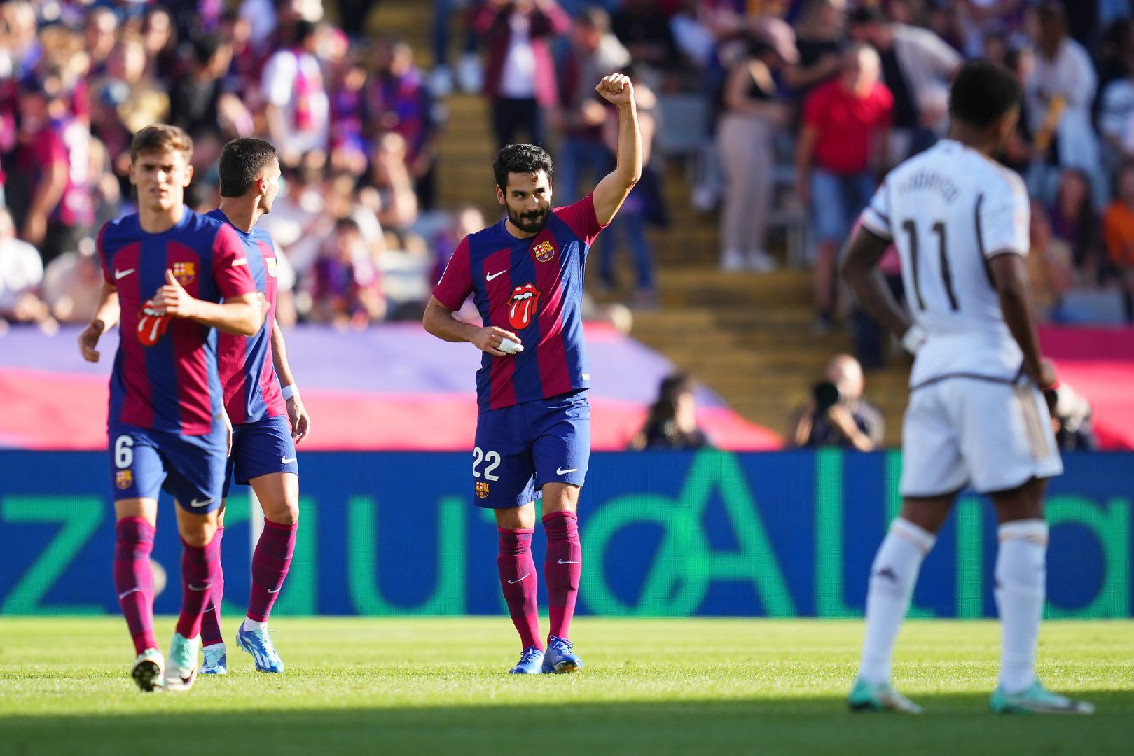 BARCELONA, SPAIN - OCTOBER 28: Ilkay Guendogan of FC Barcelona celebrates after scoring the team's first goal during the LaLiga EA Sports match between FC Barcelona and Real Madrid CF at Estadi Olimpic Lluis Companys on October 28, 2023 in Barcelona, Spain.