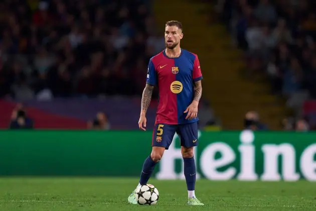 BARCELONA, SPAIN - OCTOBER 23: Inigo Martinez of FC Barcelona with the ball during the UEFA Champions League 2024/25 League Phase MD3 match between FC Barcelona and FC Bayern Munchen at Estadi Olimpic Lluis Companys on October 23, 2024 in Barcelona, Spain.