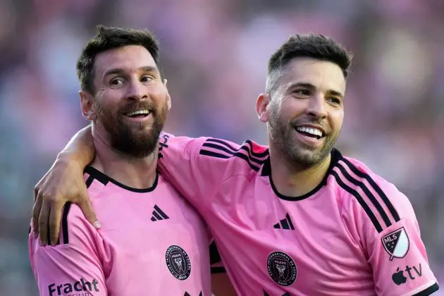 FORT LAUDERDALE, FLORIDA - MARCH 02: Lionel Messi #10 of Inter Miami CF celebrates with Jordi Alba #18 after scoring a goal during the second half against the Orlando City SC at Chase Stadium on March 02, 2024 in Fort Lauderdale, Florida.